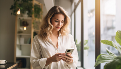 Obraz premium Capturing the Essence of a Woman's Lifestyle, Juggling Work and Happiness with Technology