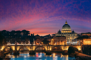 Rome, Italy. Papal Basilica Of St. Peter In The Vatican And Aelian Bridge In Evening Night...