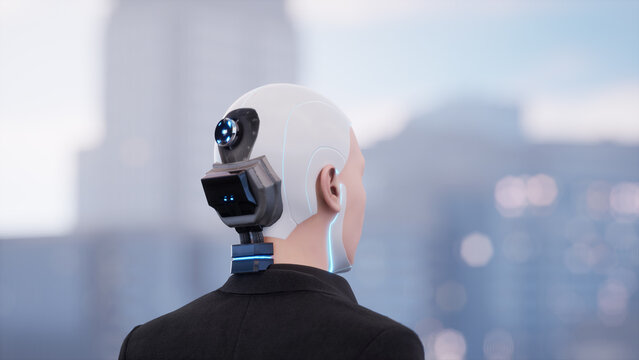 a female humanoid robot at the building's roof looking at the big city. future technology concept