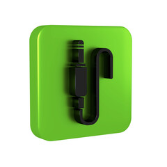 Black Audio jack icon isolated on transparent background. Audio cable for connection sound equipment. Plug wire. Musical instrument. Green square button.