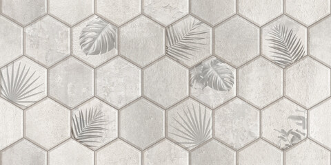 Graphics, tropics. Tile Azulejos patchwork. Portuguese and Spanish décor. Hexagon pattern. Wallpaper, tiles with a pattern of palm leaves on a gray cement background. Seamless pattern. - 682901392