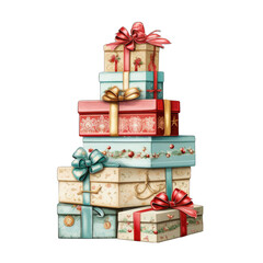 Wrapped Christmas gift boxes isolated on white transparent background PNG