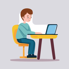Fototapeta na wymiar A vector illustration of a young man sitting at a table working on his laptop