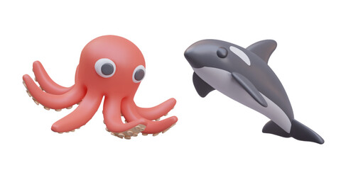 3D octopus and killer whale in cartoon style. Different types of marine predators. Oceanic fauna. Cute characters for web design. Zoology. Creature of underwater world