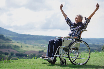 Senior man in the wheelchair raised his hand and breathed in the fresh air, view of the mountains in the background, people with disabilities travel