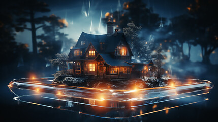 Flying house in dark stormy weather, rain, fantasy, comic 