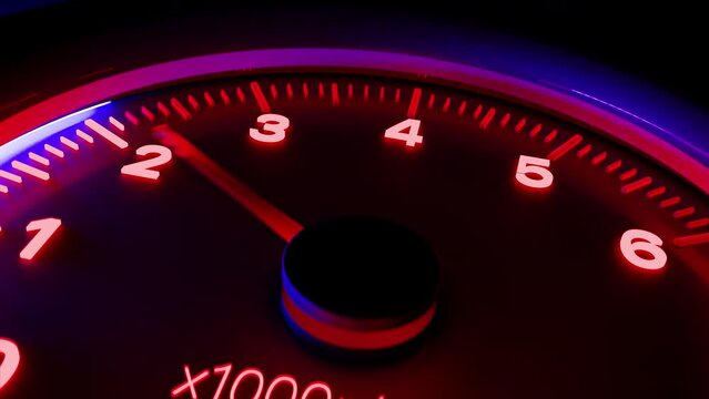 Shaking neon tachometer close up with arrow showing fast increasing rotation speed of the engine and decreasing speed while the gear shift. CGI motion design on a dark background. 3D animation - Powered by Adobe