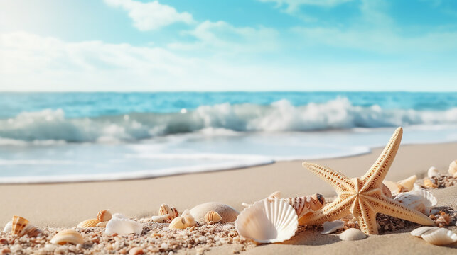 Sea sand beach mockup with seashells