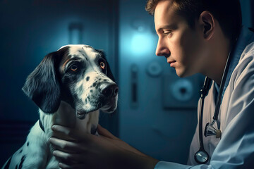 dog with a vet tech looking at him