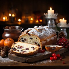 Traditional Christmas Stollen Fruit Cake on wooden background with Christmas Lights