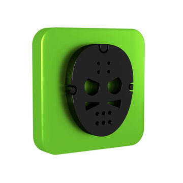 Black Hockey mask icon isolated on transparent background. Green square button.