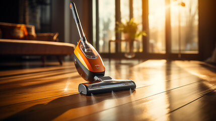 Floor cleaning with mob with cleanser foam and vacuum cleaner at home. Cleaning tools on parquet floor