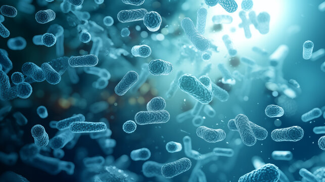 Bacteria on water background. Legionella pneumophila, a gram-negative bacillus that causes pneumonia. Microscopic illustration.
