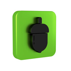 Black Acorn icon isolated on transparent background. Green square button.