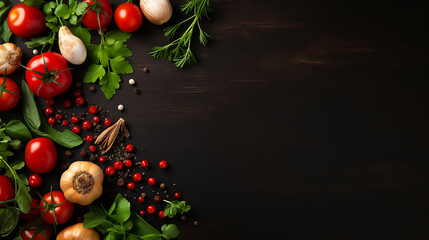 Vegetables on dark background with space for text. red cherry tomatoes, garlic cloves and fresh herbs