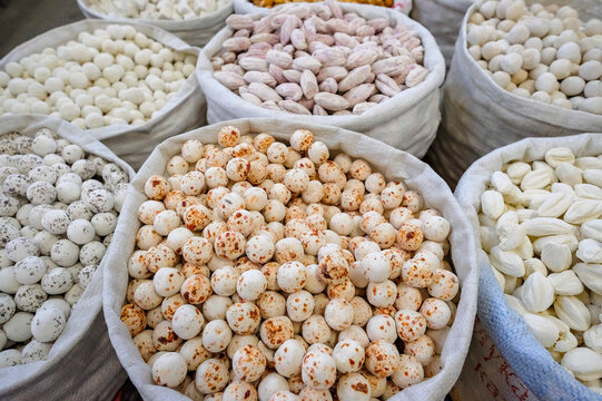 Kurut, a traditional Kyrgyz snack made from sour milk or yoghurt, in the Osh Bazaar in Bishkek, Kyrgyzstan.