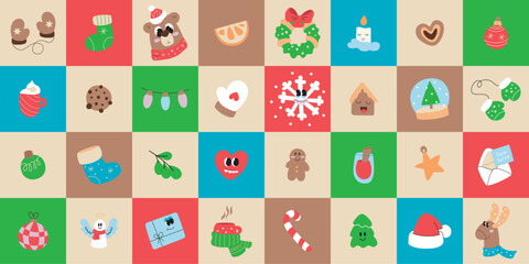 Retro Christmas cover set illustration for background, wallpaper, print, web banner in cartoon style. Vector