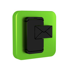 Black Mobile and envelope, new message, mail icon isolated on transparent background. Usage for e-mail newsletters, headers, blog posts. Green square button.