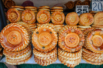 A stall selling bread in the Osh Bazaar in Bishkek, Kyrgyzstan. - 682904715