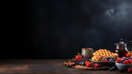 Fototapeta na wymiar Breakfast table with waffles, bacon, breakfast sausage, croissants and berries, Mock up template