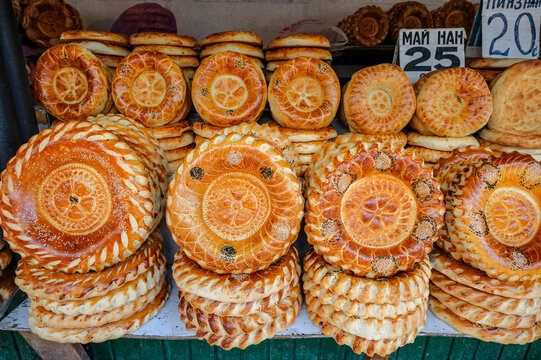 A stall selling bread in the Osh Bazaar in Bishkek, Kyrgyzstan.