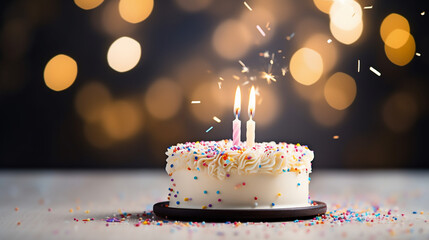 White vanilla birthday cake with sprinkles and candles, Celebration, Happy Birthday - obrazy, fototapety, plakaty