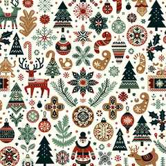 Christmas icons elements with geometric seamless pattern for wrapping paper, background, wallpaper. Holiday season - 682904977