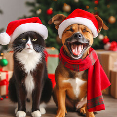 Laughing Christmas cat and dog