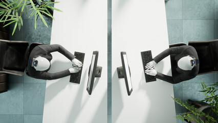 3d rendering humanoid robots working in modern office, top view, future concept