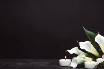 Burning candles and calla flowers on black background. Background for greeting card. Black and...