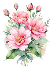 Watercolor pink flowers arranged in bouquet. Creative graphics design. 
