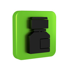 Black Paint, gouache, jar, dye icon isolated on transparent background. Green square button.