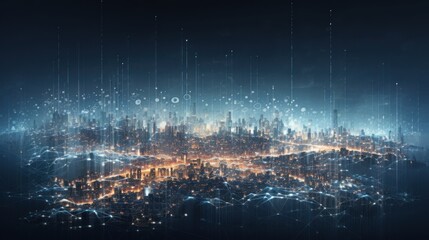 Abstract cityscape of connected particles, representing the energy of a digital metropolis that pulsates