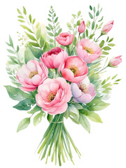 Watercolor pink flowers arranged in bouquet. Creative graphics design. 