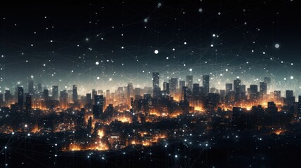 Fototapeta premium Abstract cityscape of connected particles, representing the energy of a digital metropolis that pulsates
