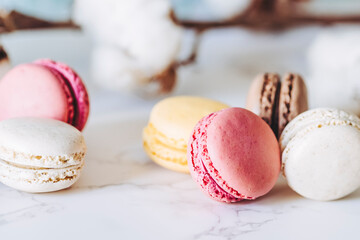 Assortiment de macarons colorés goût vanille chocolat citron et fraise - Dessert sucré français