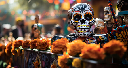 Da De Muertos Street Fair, Day of the dead, Día de loss Muertos. Mexican tradition festival. Skulls and colorful marigold flowers. Skulls and colorful marigold flowers. Table decorated ,Generative AI - obrazy, fototapety, plakaty