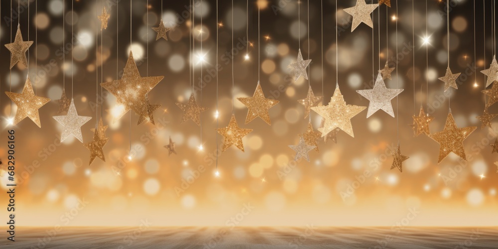 Aufkleber Gold stars hanging from strings in a room. Perfect for adding a touch of glamour and sparkle to any celebration or event.