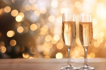 Champagne glasses on bokeh background. Celebration and Happy new year concept. Generative ai.