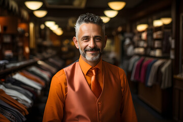 An Asian male dress maker standing in a fabric shop there are two bars of clothes hanging in stand and a man wearing orange shirt and represent the shop - Powered by Adobe