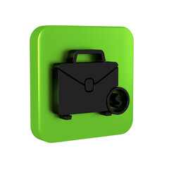 Black Briefcase and money icon isolated on transparent background. Business case sign. Business portfolio. Green square button.