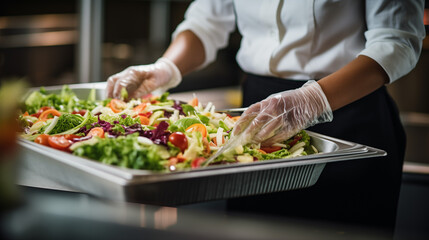 Obraz na płótnie Canvas Chef preparing vegetable salad in kitchen of restaurant or hotel, closeup