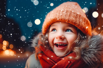 Little girl with christmas lights enjoying the holidays in the snow. Little girl hearing a hat and scarf looking at the snowflakes falling.