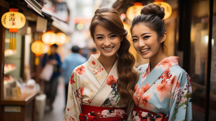 Two young asian women in kimono walking in Tokyo, Japan