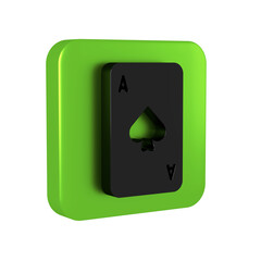 Black Playing card with spades symbol icon isolated on transparent background. Casino gambling. Green square button.