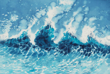 Big sea wave in the storm watercolor background
