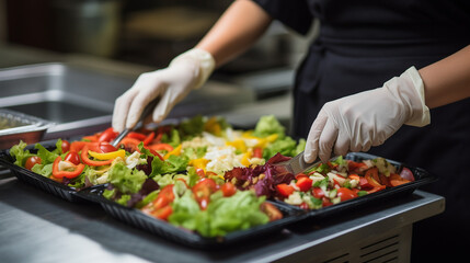 Obraz na płótnie Canvas Chef preparing vegetable salad in kitchen of restaurant or hotel, closeup