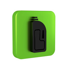 Black Container with drain cleaner icon isolated on transparent background. Detergent in plastic bottle. Green square button.