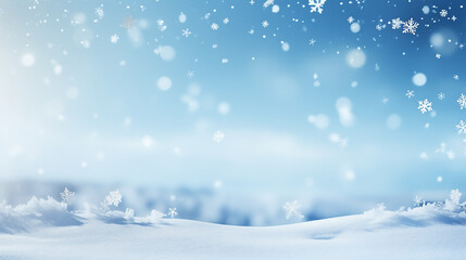 Winter snow background with beautiful light and snow flakes on the blue sky