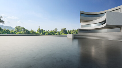 Abstract architecture design of modern building. Empty parking area concrete floor with blue sky. 3D rendering background image for car scene.